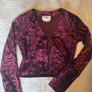 Burgundy Velvet Tie Front Long Sleeve Cropped Cardigan Sz M